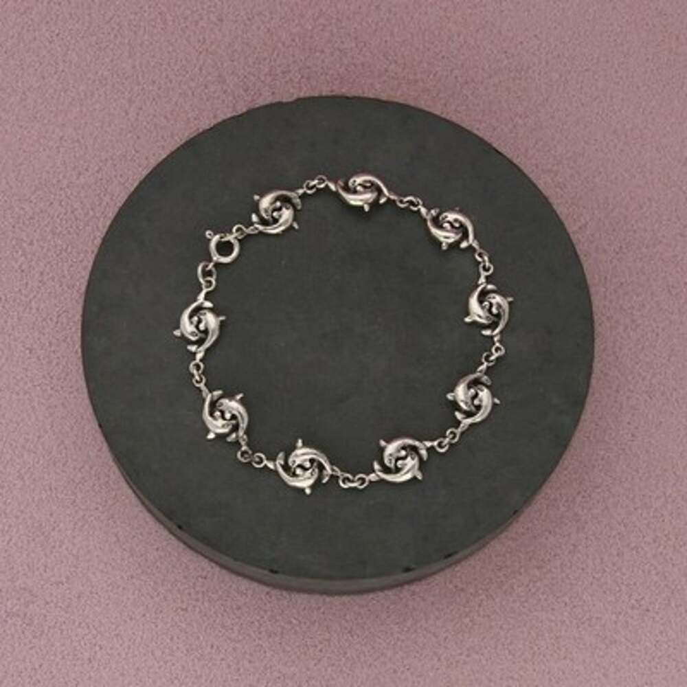 Sterling Silver Double Dolphins Openwork Link Bracelet Size 7in